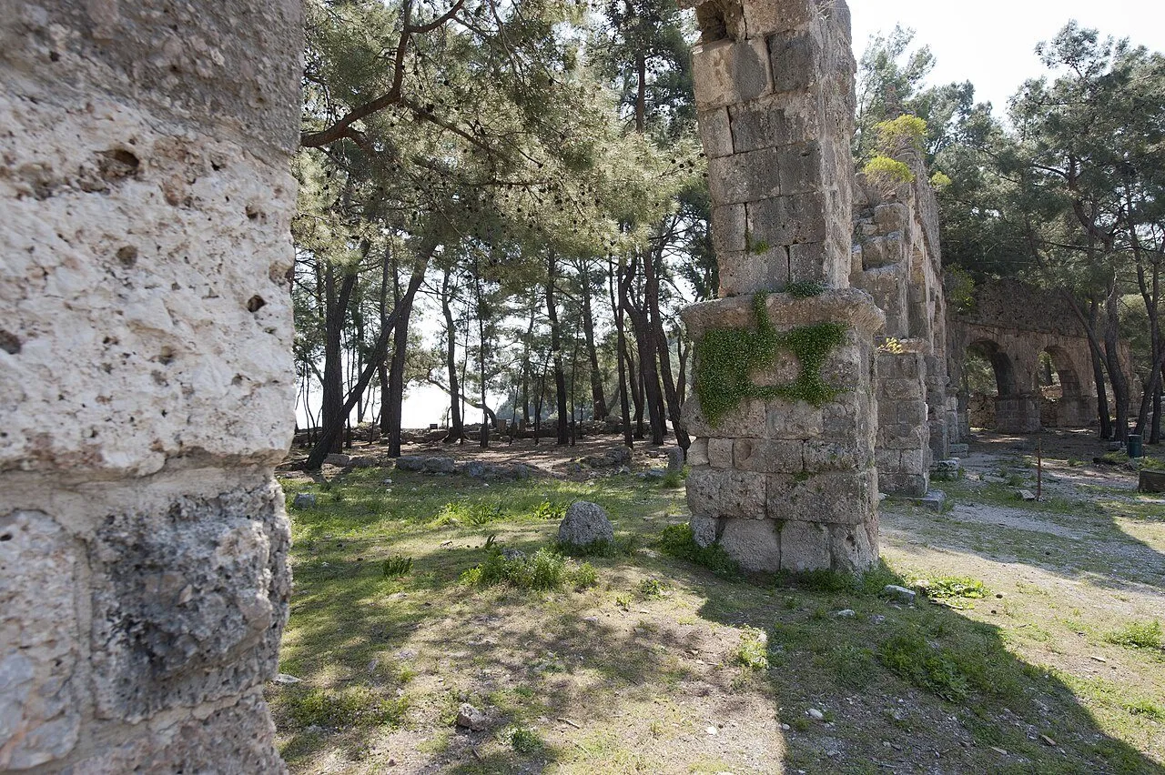 Phaselis antik kentinde çam ağaçları arasındaki taş su kemerleri